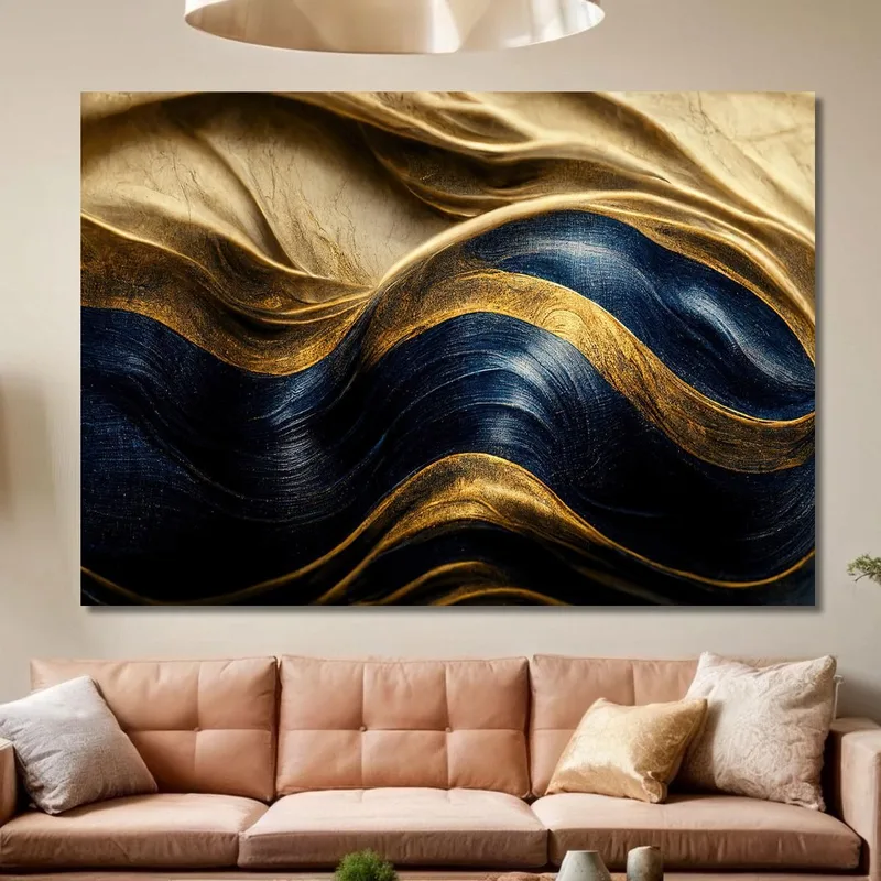 Quadro Astratto In Oro E Blu Con Texture Ondulate