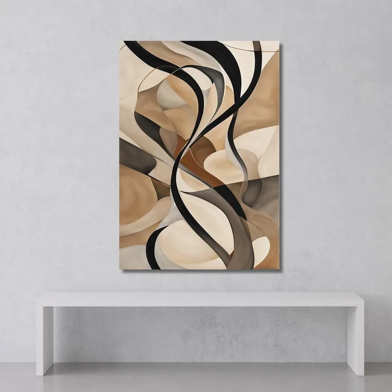 Quadro Astratto Linee Sinuose In Beige Nero E Marrone