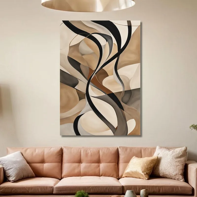 Quadro Astratto Linee Sinuose In Beige Nero E Marrone