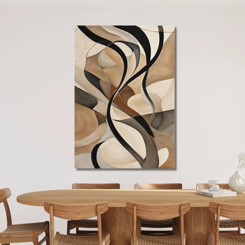 Quadro Astratto Linee Sinuose In Beige Nero E Marrone