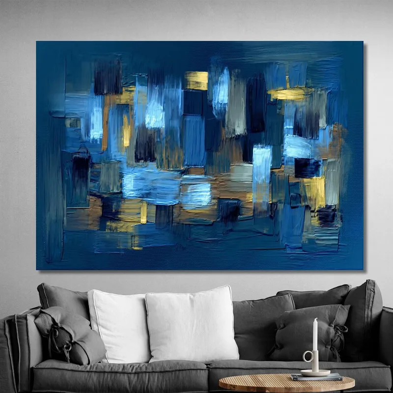 Quadro Astratto Moderno Blu Oro Geometrico