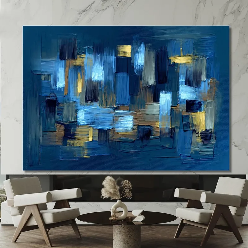 Quadro Astratto Moderno Blu Oro Geometrico