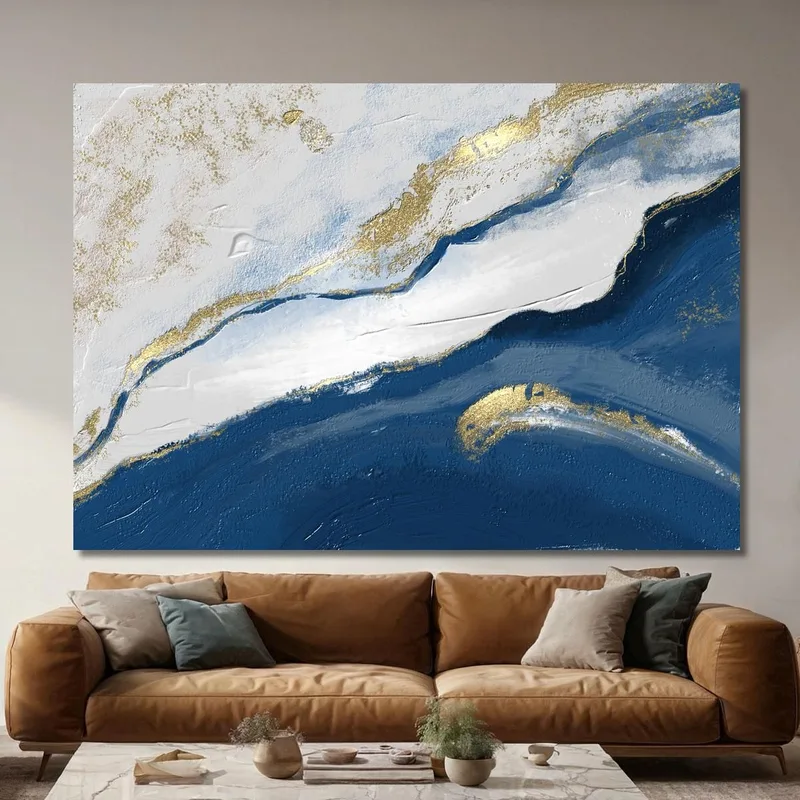 Quadro Astratto Onde Blu Oro Design Raffinato