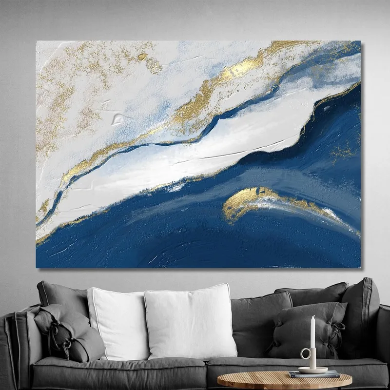 Quadro Astratto Onde Blu Oro Design Raffinato