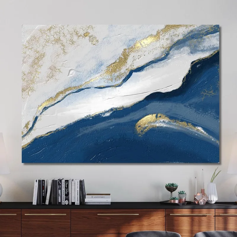 Quadro Astratto Onde Blu Oro Design Raffinato