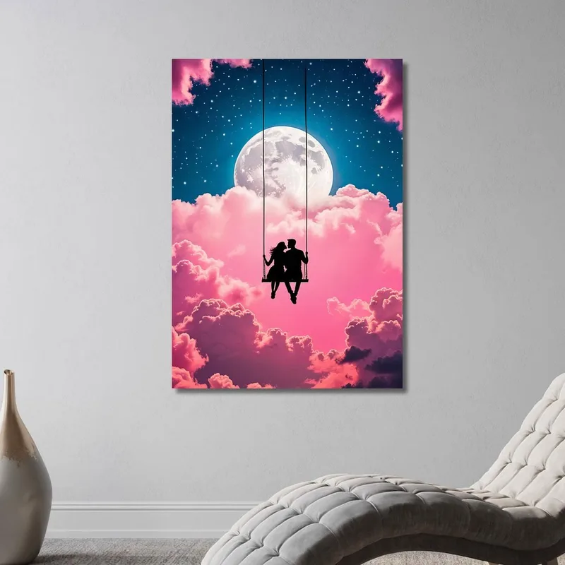 Romantic Couple On Swing With Full Moon Painting