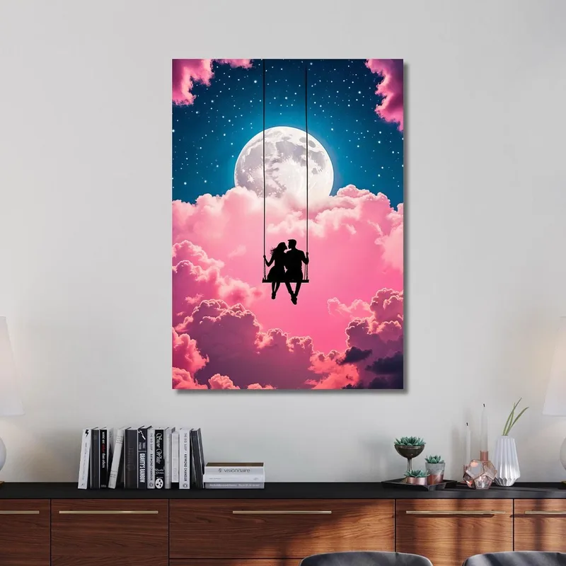 Romantic Couple On Swing With Full Moon Painting