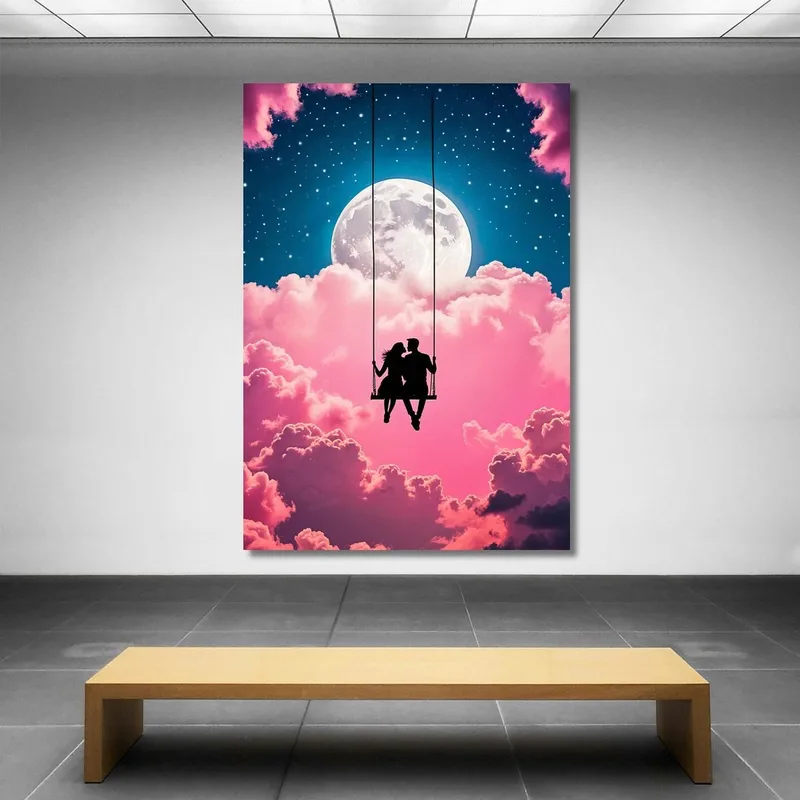 Romantic Couple On Swing With Full Moon Painting