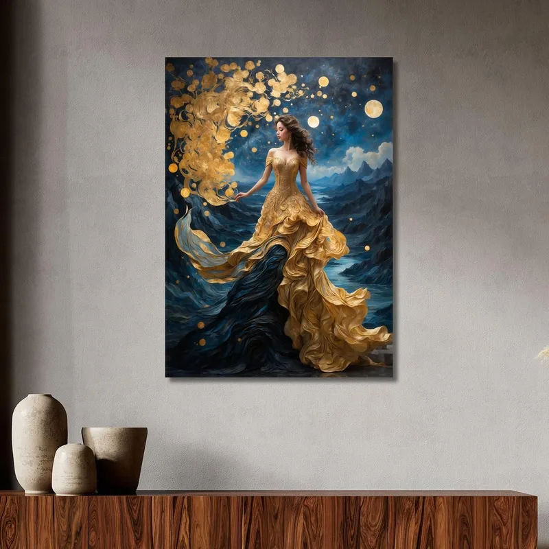 Quadro Donna Abito Dorato Scena Fantasy Luna E Montagne