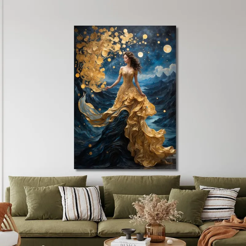 Quadro Donna Abito Dorato Scena Fantasy Luna E Montagne