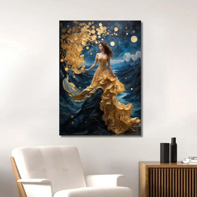 Quadro Donna Abito Dorato Scena Fantasy Luna E Montagne