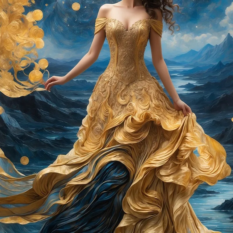 Quadro Donna Abito Dorato Scena Fantasy Luna E Montagne