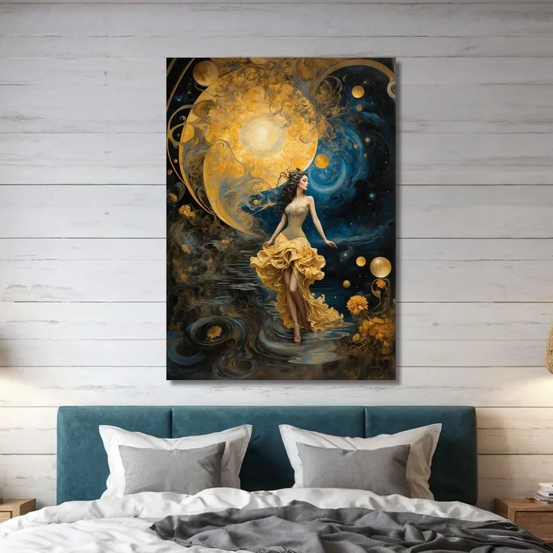 Peinture Femme Robe Dorée Univers Fantastique Bleu Jaune