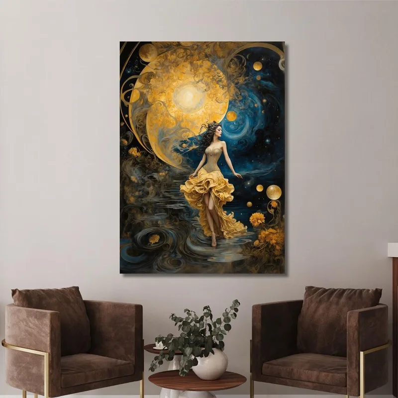 Peinture Femme Robe Dorée Univers Fantastique Bleu Jaune
