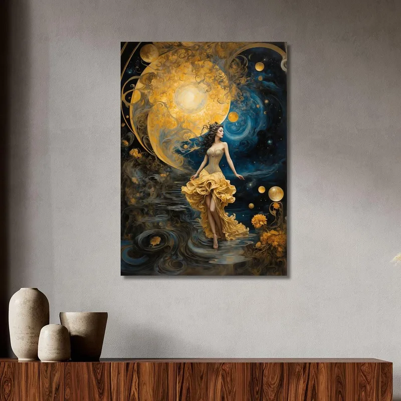 Peinture Femme Robe Dorée Univers Fantastique Bleu Jaune