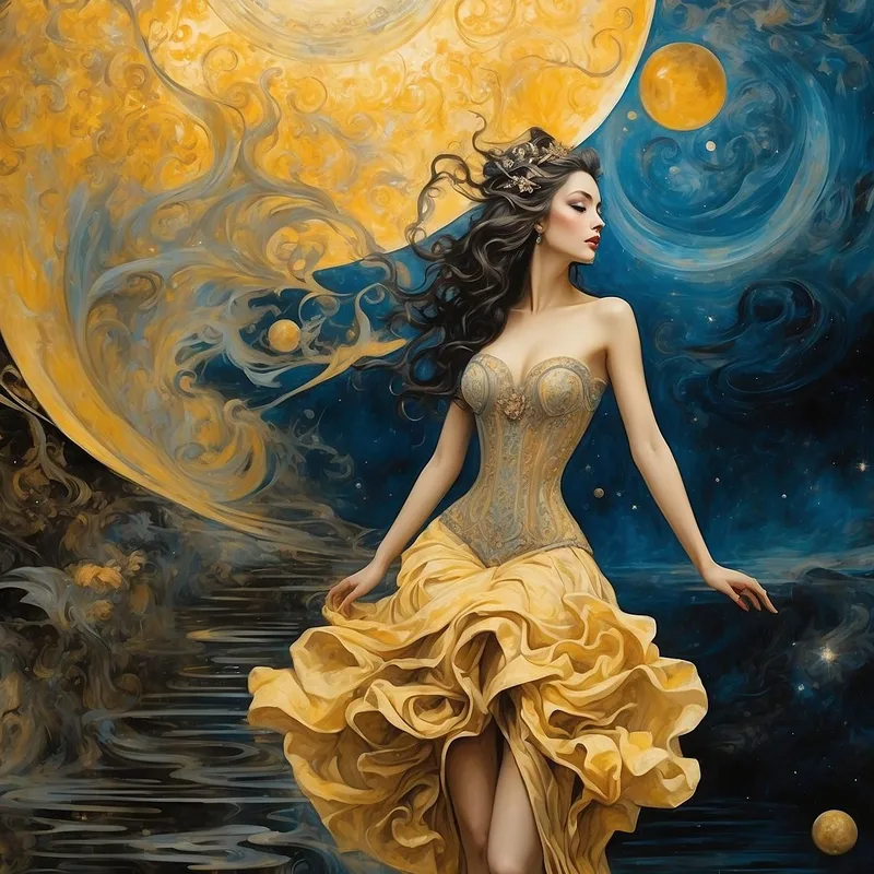 Peinture Femme Robe Dorée Univers Fantastique Bleu Jaune