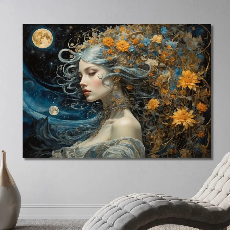 Quadro Donna Fantasy Con Dettagli Floreali Tonalità Blu E Oro