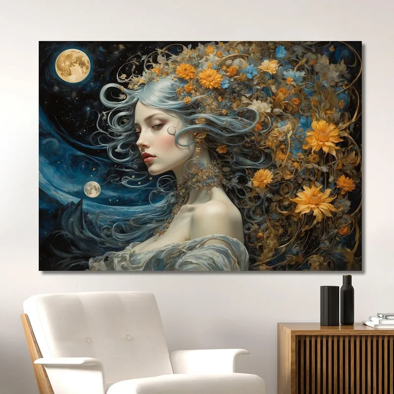 Quadro Donna Fantasy Con Dettagli Floreali Tonalità Blu E Oro