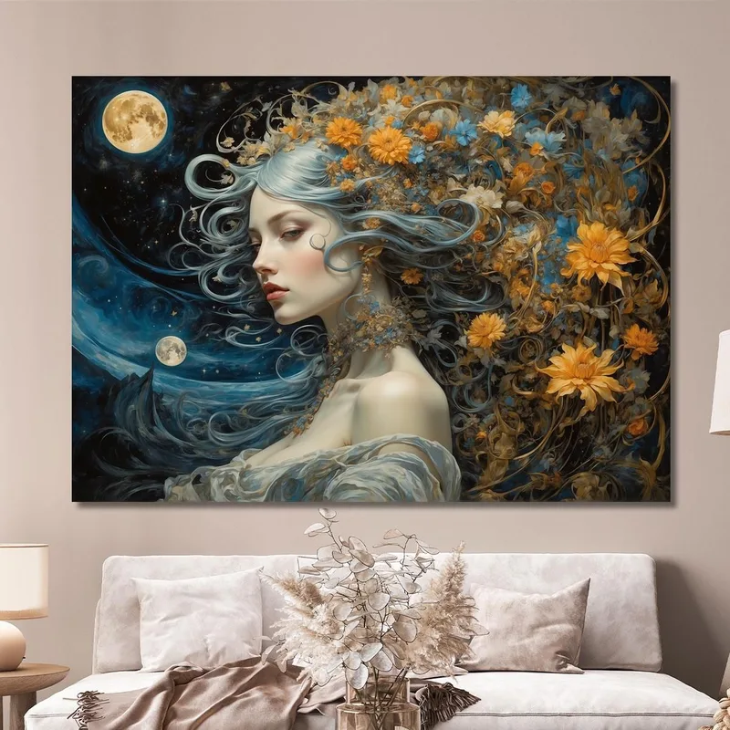 Quadro Donna Fantasy Con Dettagli Floreali Tonalità Blu E Oro