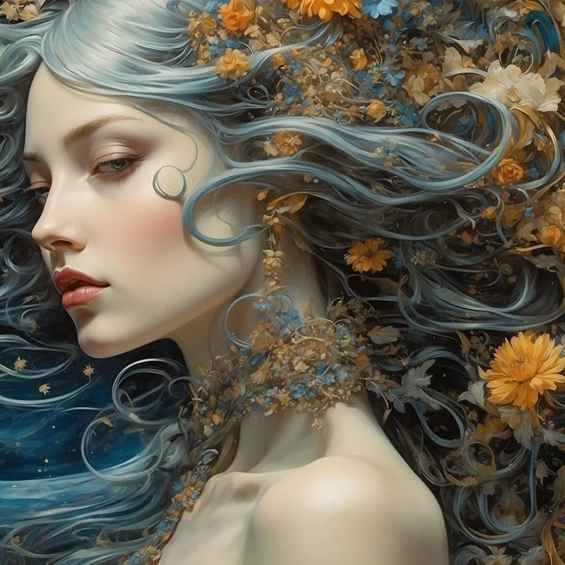 Quadro Donna Fantasy Con Dettagli Floreali Tonalità Blu E Oro