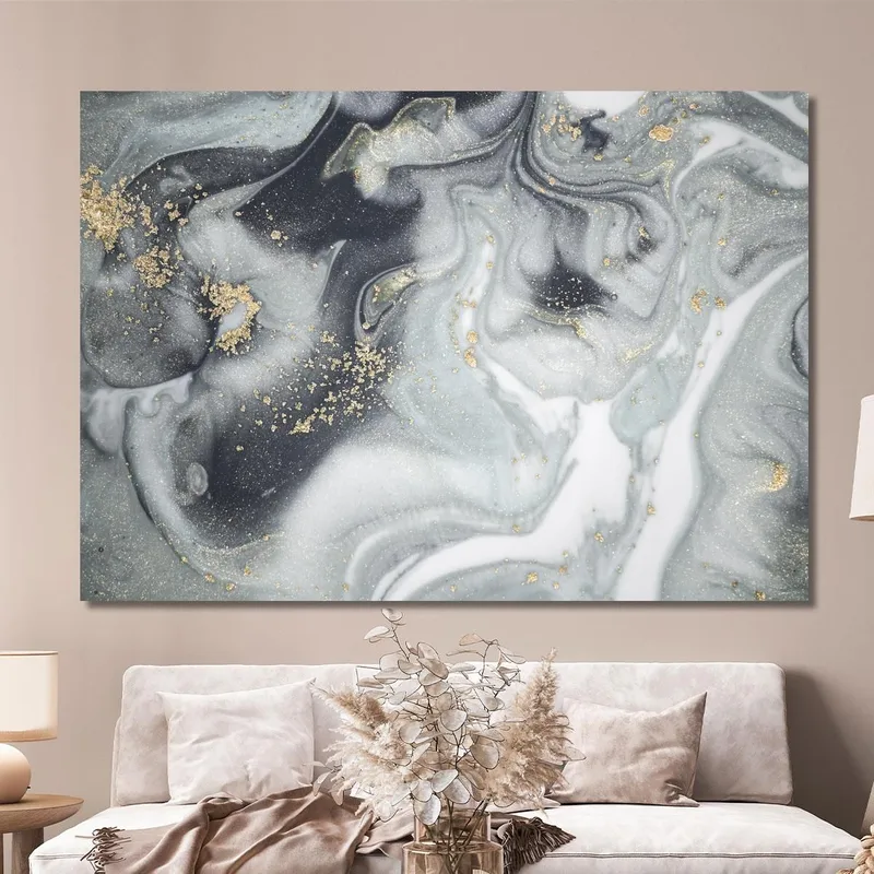 Quadro Marmo Nero Bianco E Dettagli Oro