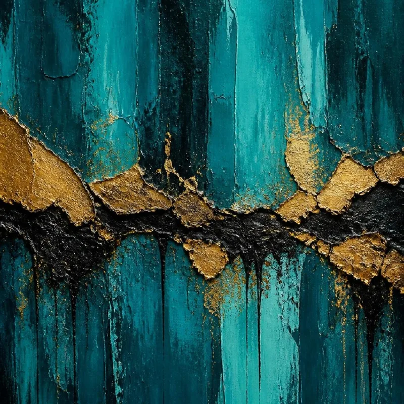 Quadro su tela texture astratta verde petrolio e oro