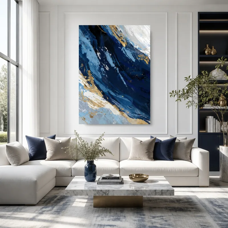 Quadro su tela onde astratte blu e oro