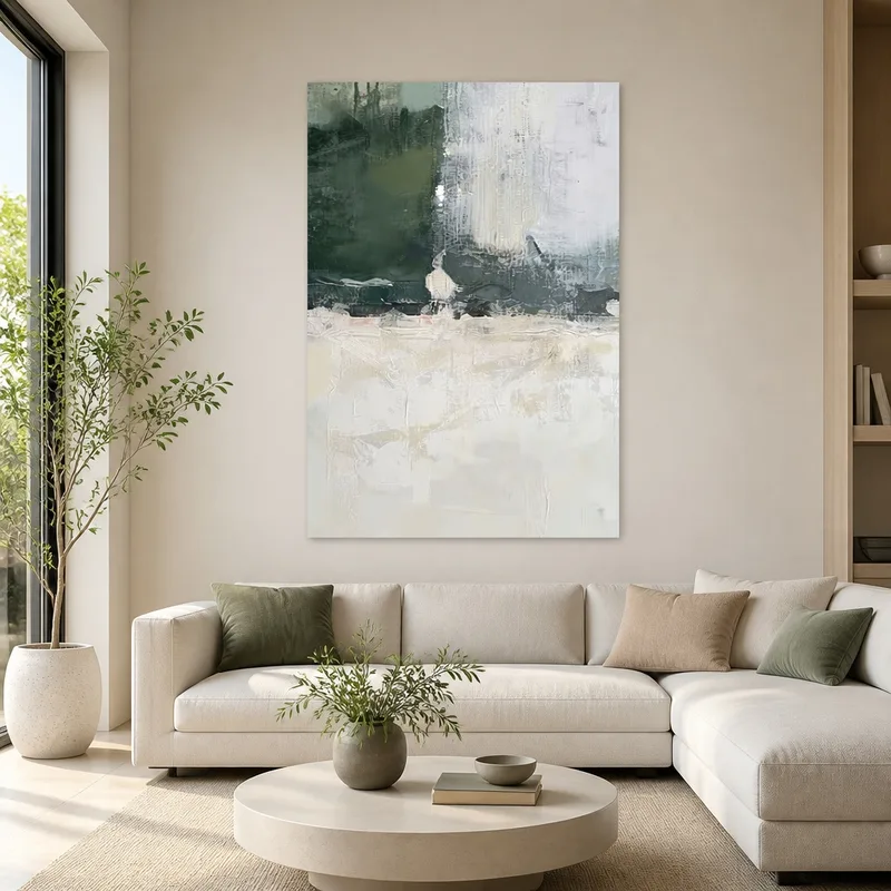 Toile artistique texture abstraite verte et crème