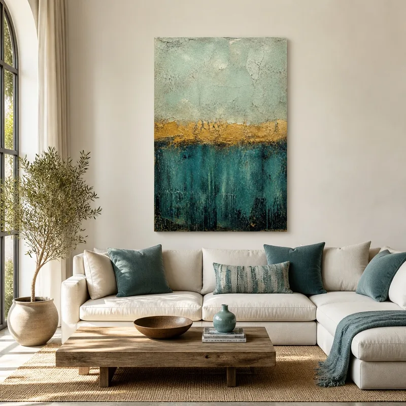 Toile artistique art abstrait texturé doré et vert sarcelle