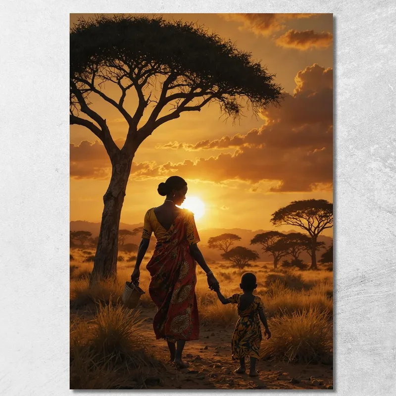 African Woman Painting At Sunset Mother And Child In The Savannah canvas print