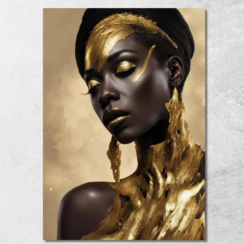 African Woman Painting With Flowing Golden Details Refinement And Modernity canvas print