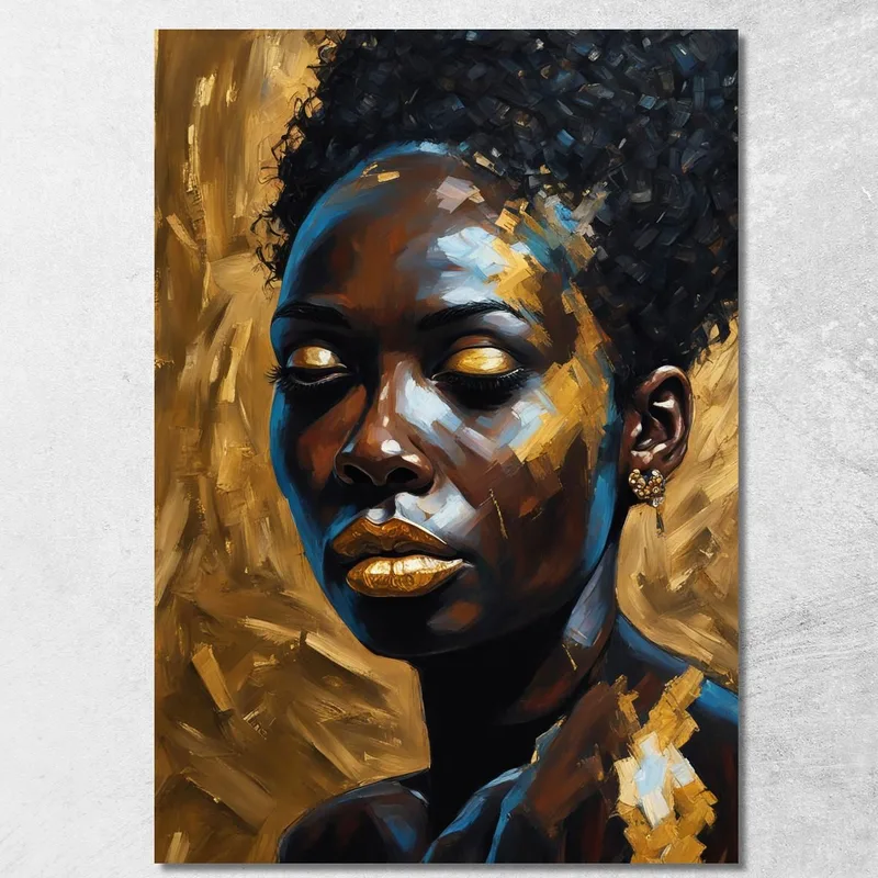 African Woman Painting With Gold And Blue Details Contrast And Refinement canvas print
