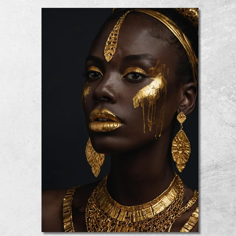 Ethnic African Woman Painting Elegance In Gold On Dark Background canvas print