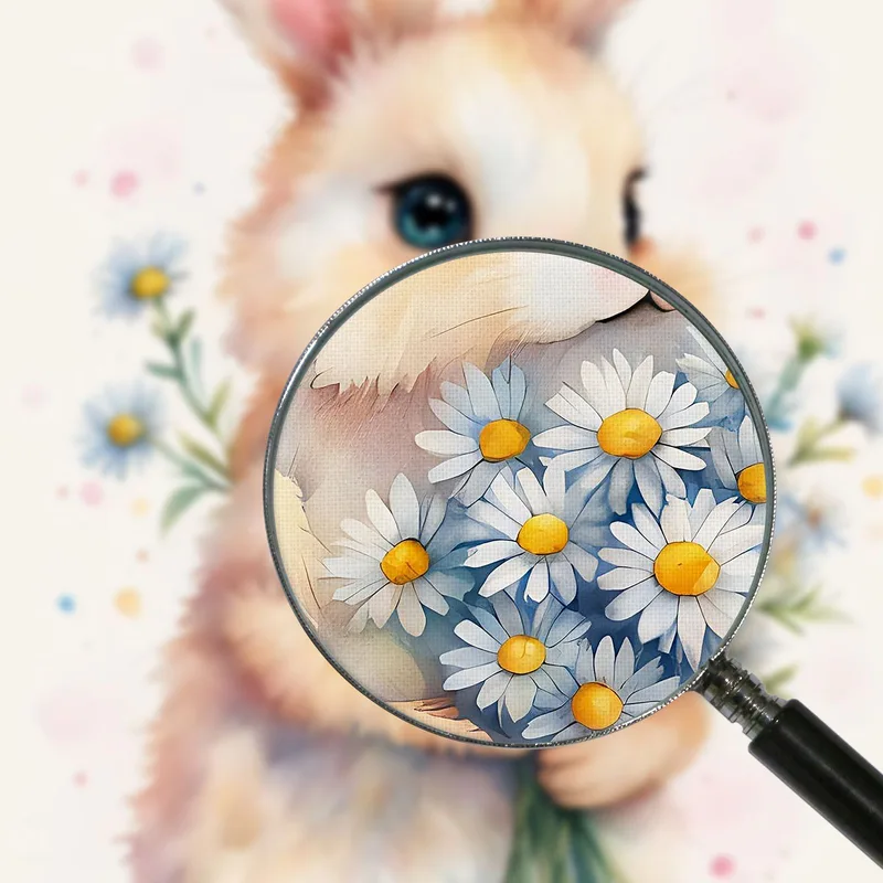 Quadro Per Cameretta Bimbo, Dolce Coniglietto Con Fiori Bianchi