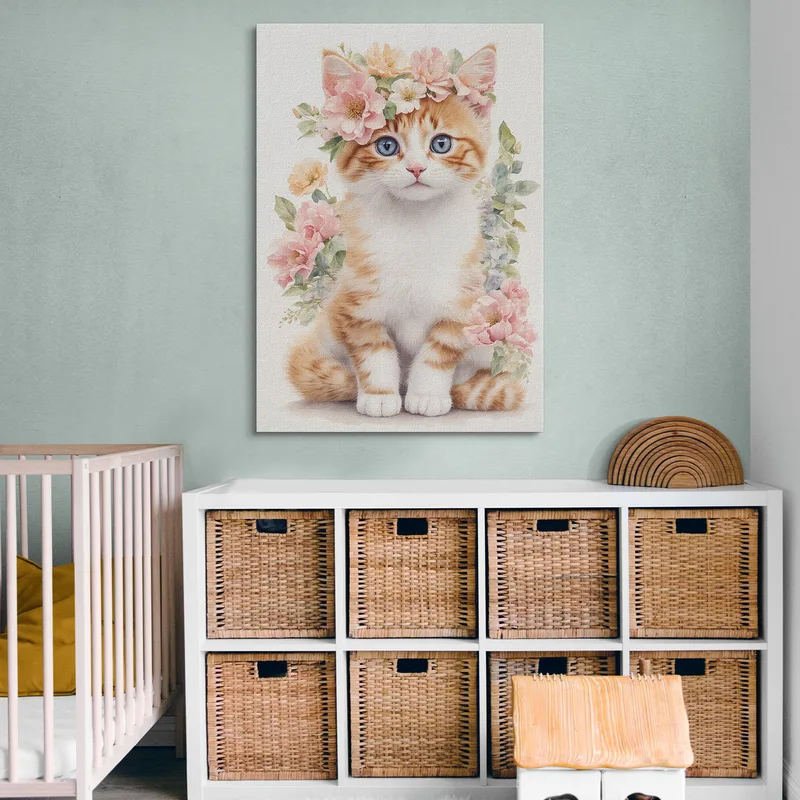 Gemälde Für Ein Mädchenzimmer: Zartes Kätzchen Mit Rosa Blumen