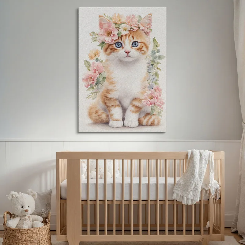 Gemälde Für Ein Mädchenzimmer: Zartes Kätzchen Mit Rosa Blumen