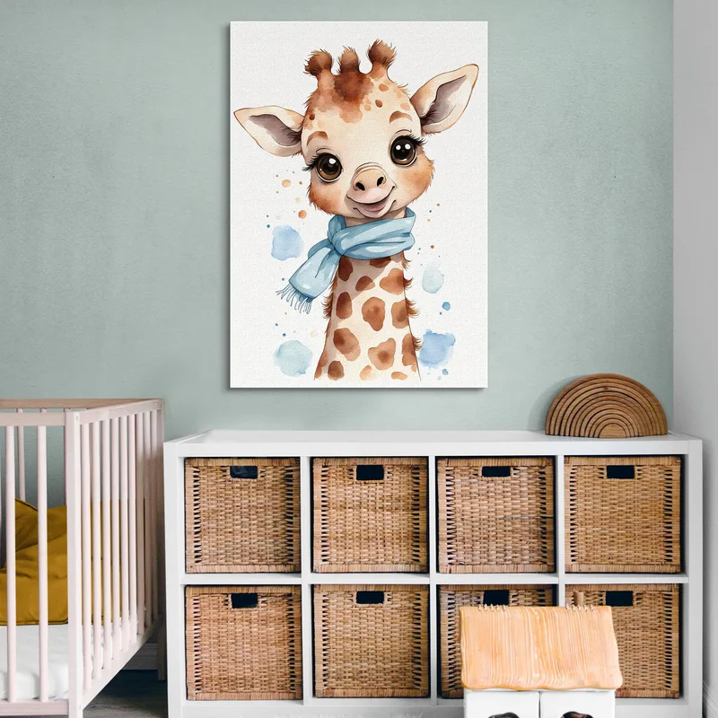 Quadro Per Neonato, Decorazione Per Cameretta, Giraffa Con Sciarpa Azzurra