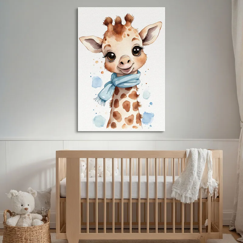 Quadro Per Neonato, Decorazione Per Cameretta, Giraffa Con Sciarpa Azzurra