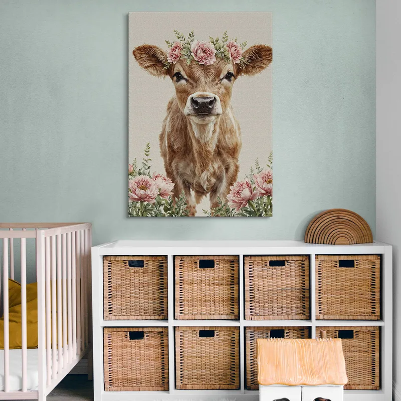 Tableau Pour Petites Filles Décoration Chambre Vache Mignonne Avec Couronne De Fleurs