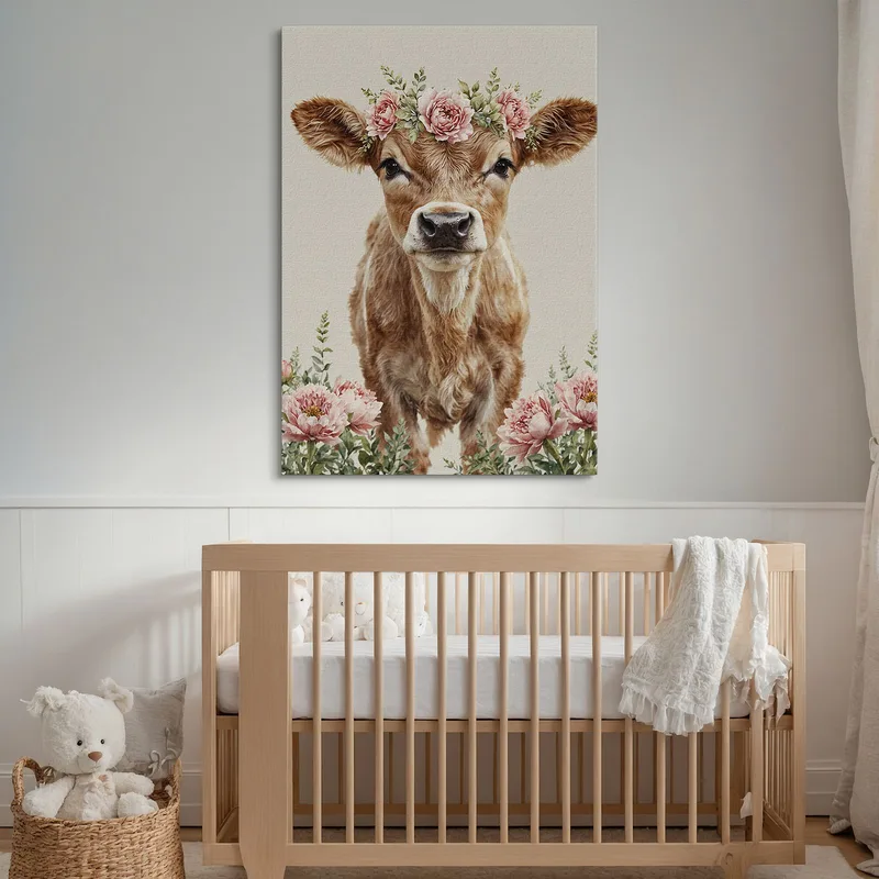 Tableau Pour Petites Filles Décoration Chambre Vache Mignonne Avec Couronne De Fleurs