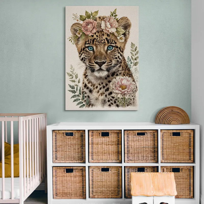 Quadro Decorativo Per Cameretta Bimbo, Piccolo Leopardo Con Decorazioni Floreali