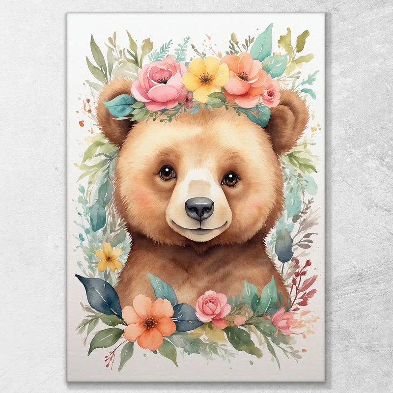 Dekoratives Bild Für Ein Mädchenzimmer Teddybär Mit Einer Girlande Aus Bunten Blumen