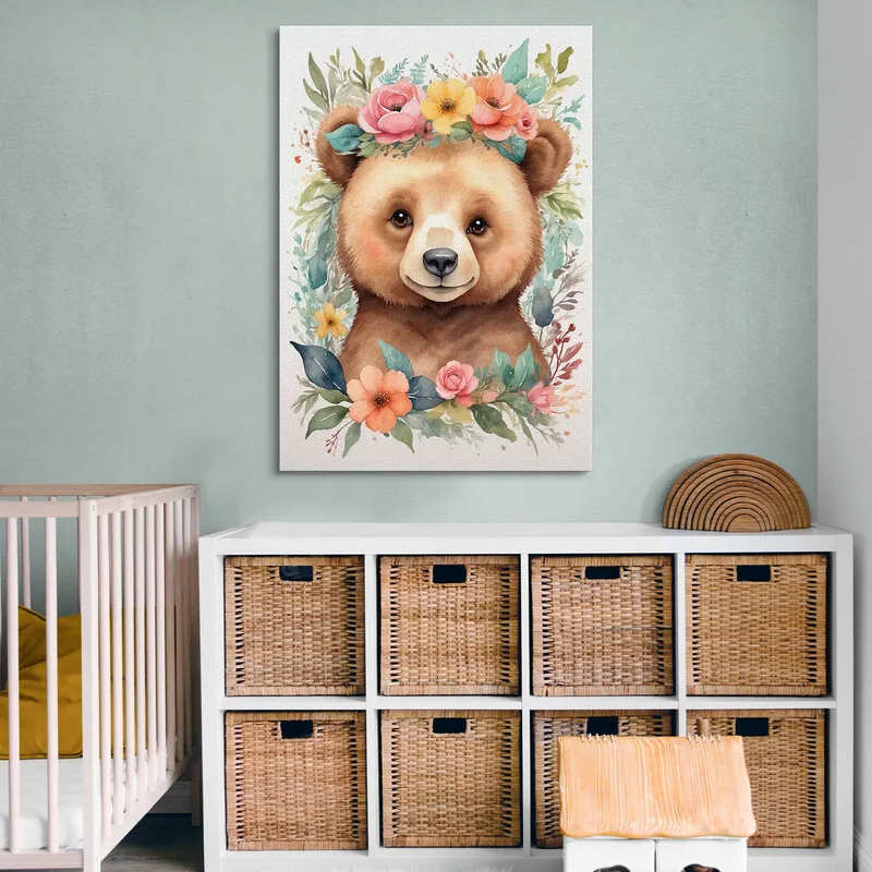 Dekoratives Bild Für Ein Mädchenzimmer Teddybär Mit Einer Girlande Aus Bunten Blumen