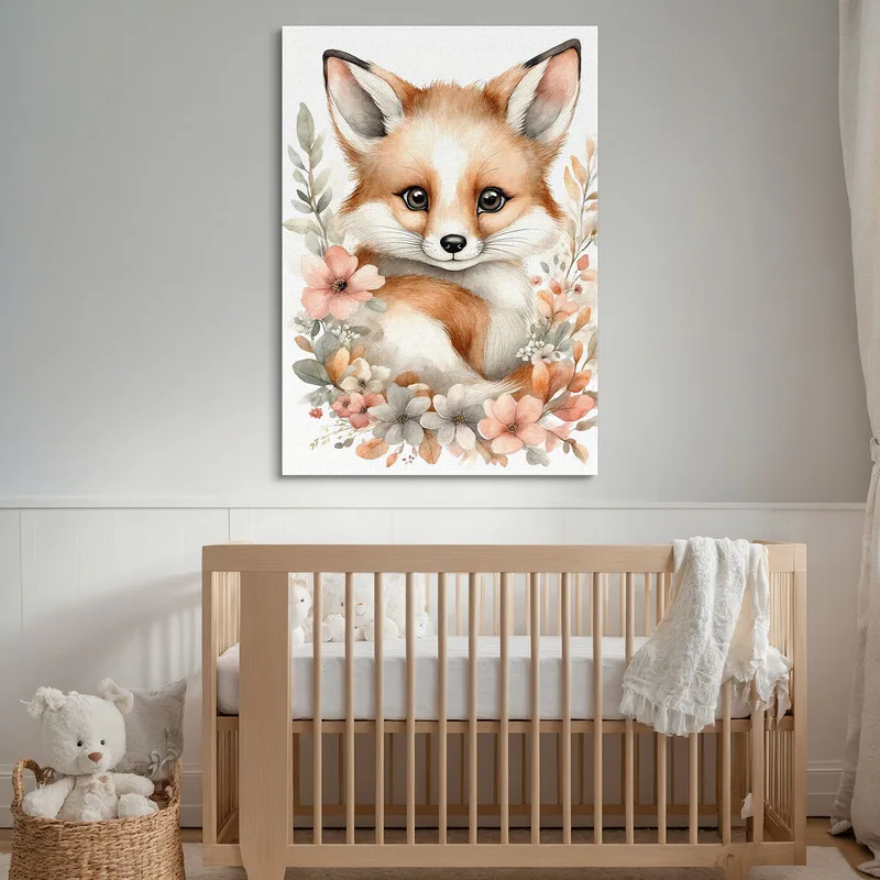 Bild Für Das Schlafzimmer Eines Neugeborenen Baby Fox With Beige And Pink Flowers