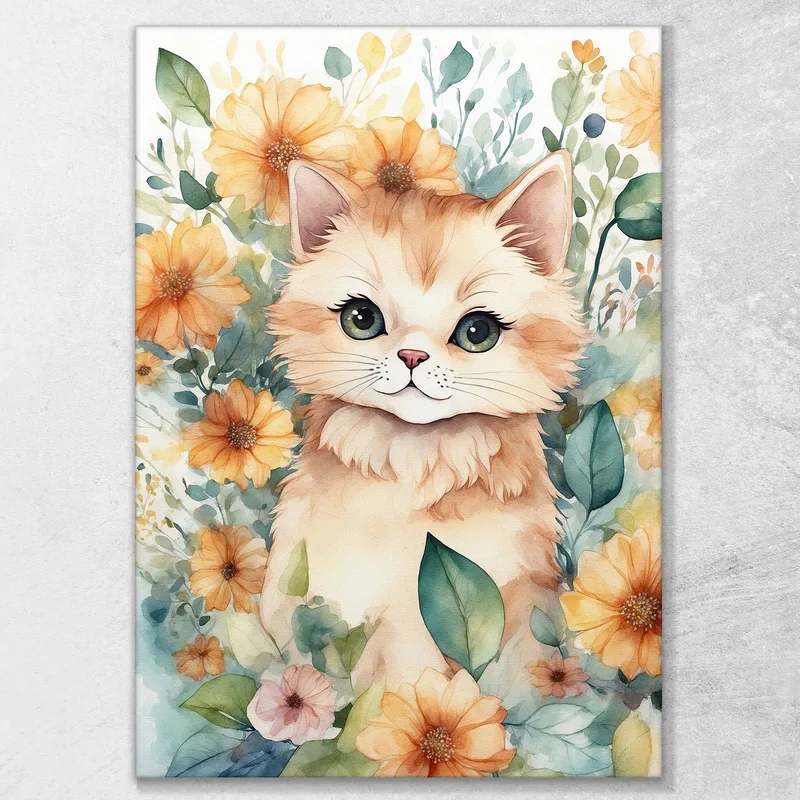 Kinderzimmerdekoration Bild Für Mädchen Blumenkätzchen Mit Bunten Blumen