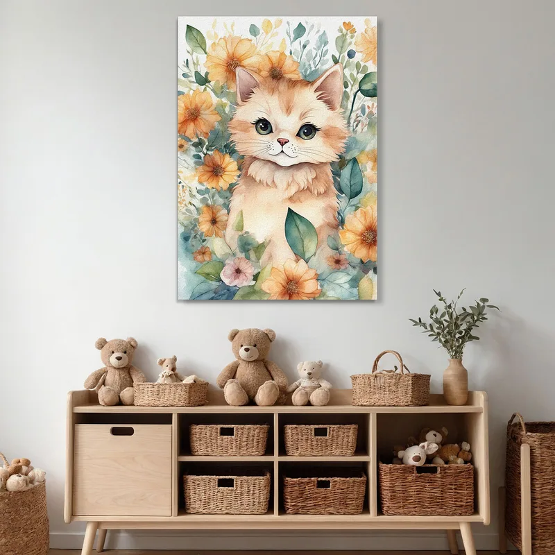 Kinderzimmerdekoration Bild Für Mädchen Blumenkätzchen Mit Bunten Blumen