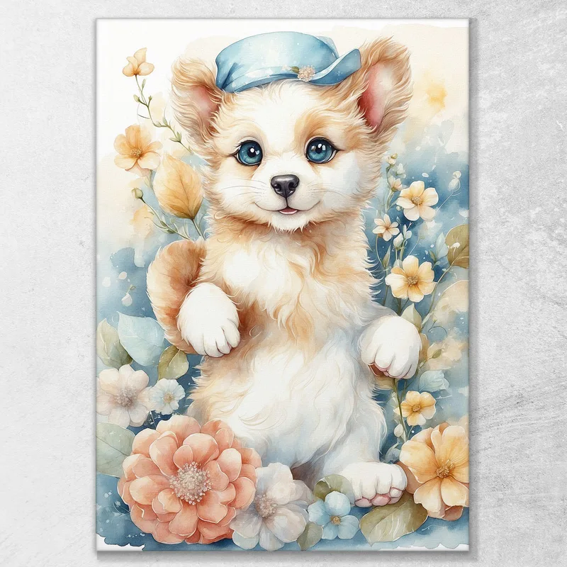 Quadro Per Nursery, Decorazione Per Cameretta, Cucciolo Di Cane Con Fiorellini E Cappellino