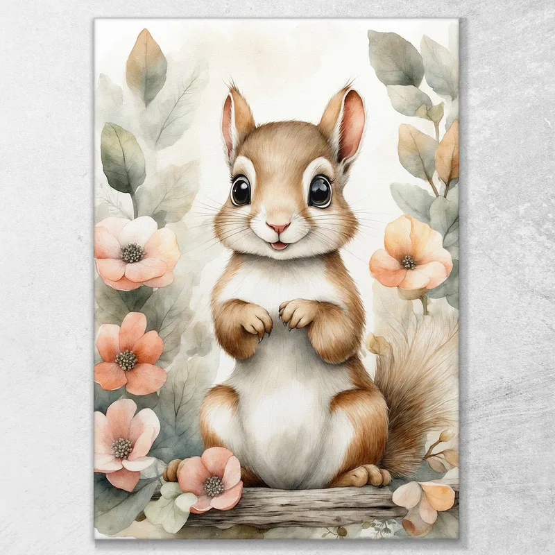 Gemälde Für Mädchen Kinderzimmerdekoration Zartes Eichhörnchen Mit Blumenrahmen