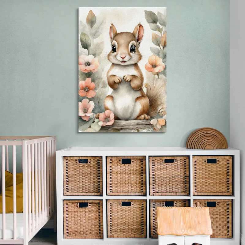Gemälde Für Mädchen Kinderzimmerdekoration Zartes Eichhörnchen Mit Blumenrahmen