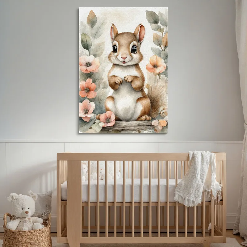 Gemälde Für Mädchen Kinderzimmerdekoration Zartes Eichhörnchen Mit Blumenrahmen